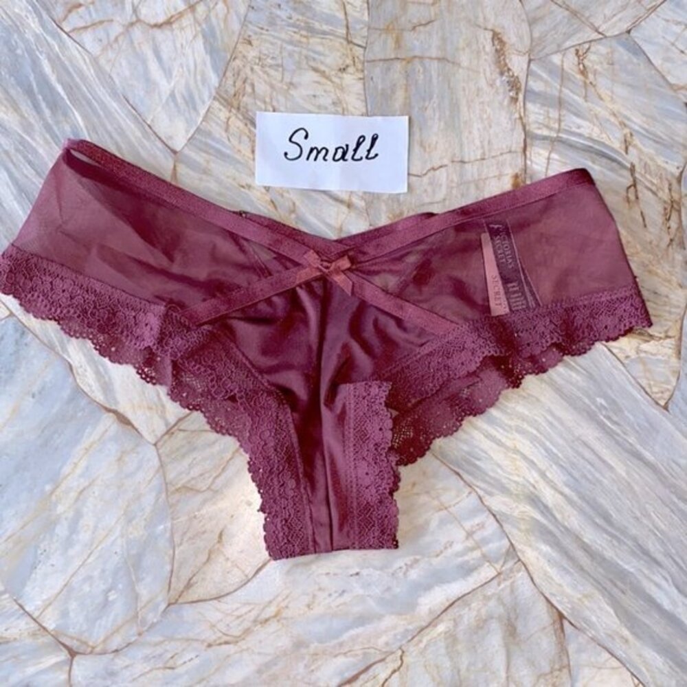 Victoria Secret Cheeky Small Panty Crisscross‎ Satin Mesh w Lace Trim Bikini NEW